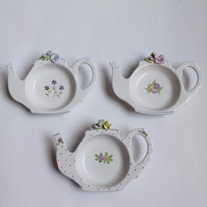 Vintage Tea Bag Holder Decor Floral Ceramic White Set of 3 Hand & Heart